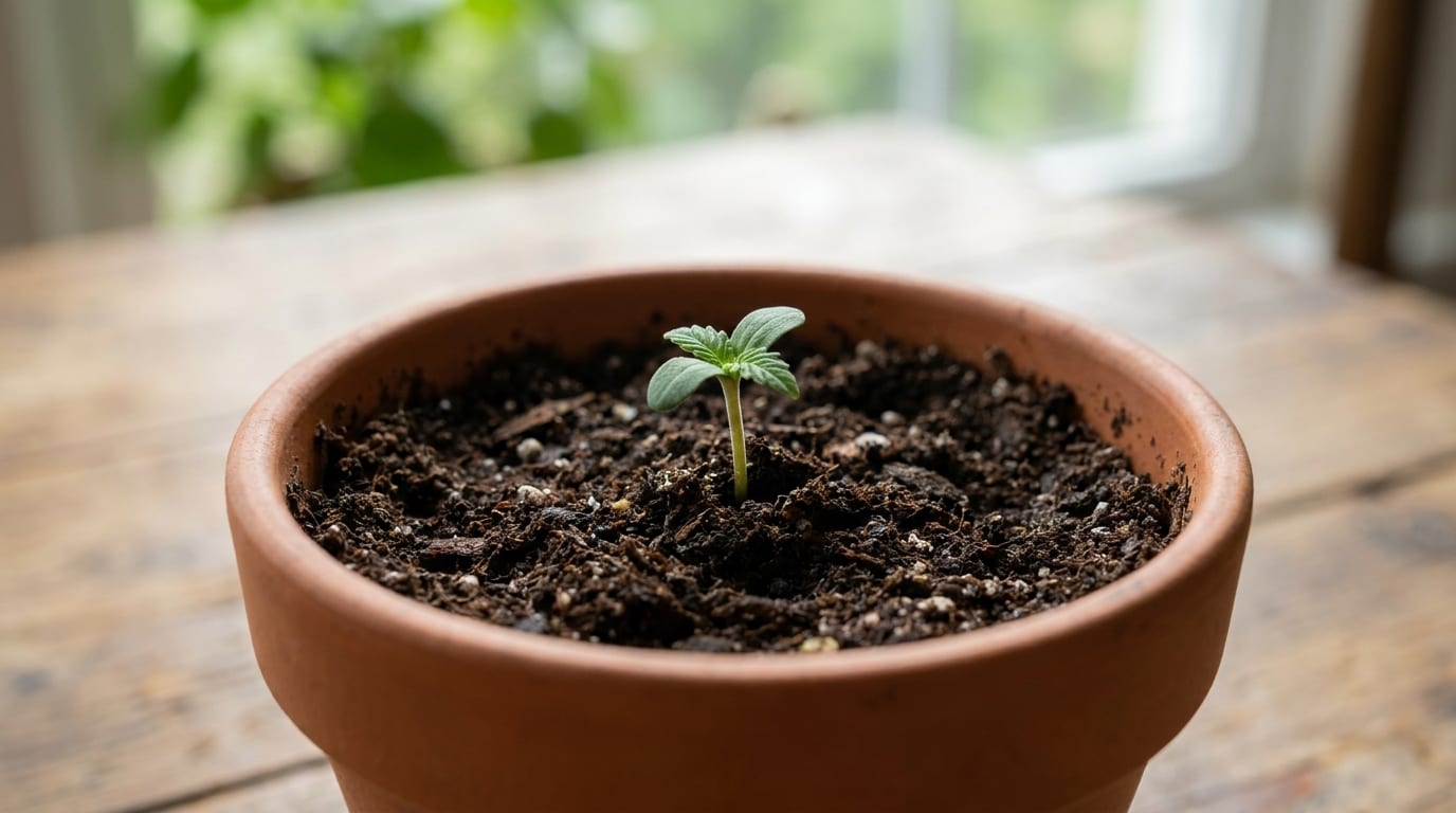 Young cannabis seedling emerging from rich dark soil in a starter pot
