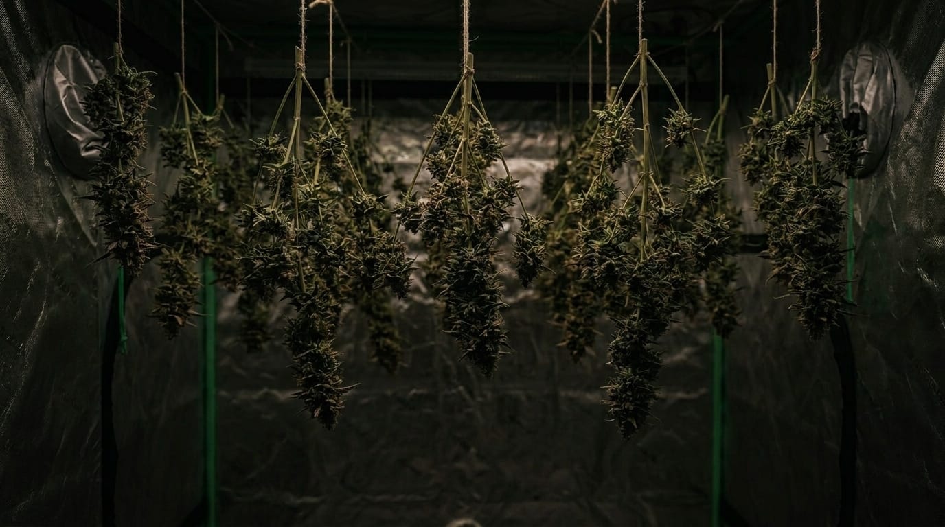 Cannabis branches hanging upside down in a dark drying room under dim red light