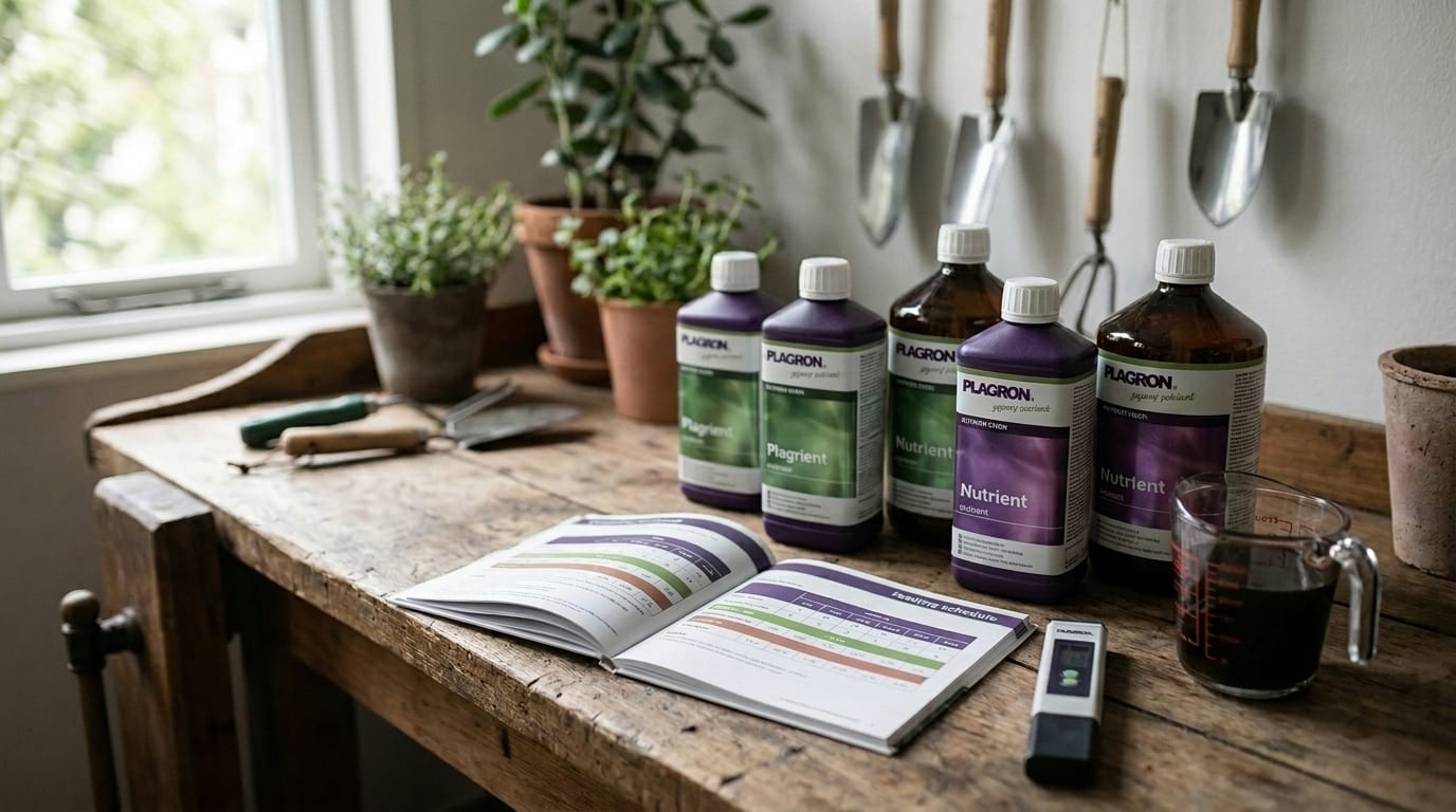 Cannabis nutrient bottles next to a printed feeding chart, an EC meter and a measuring cup on a workbench