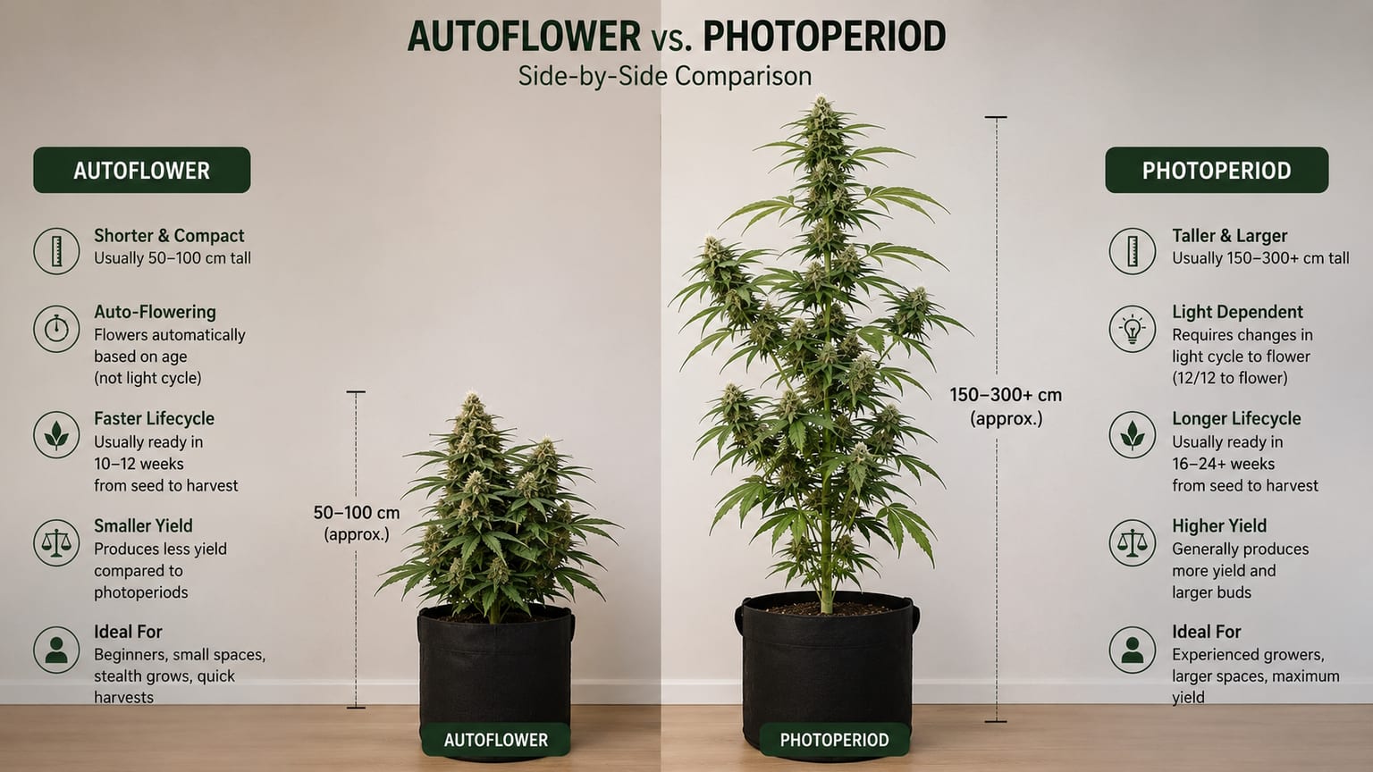 Side-by-side comparison of a compact autoflower cannabis plant and a tall photoperiod plant in late flower