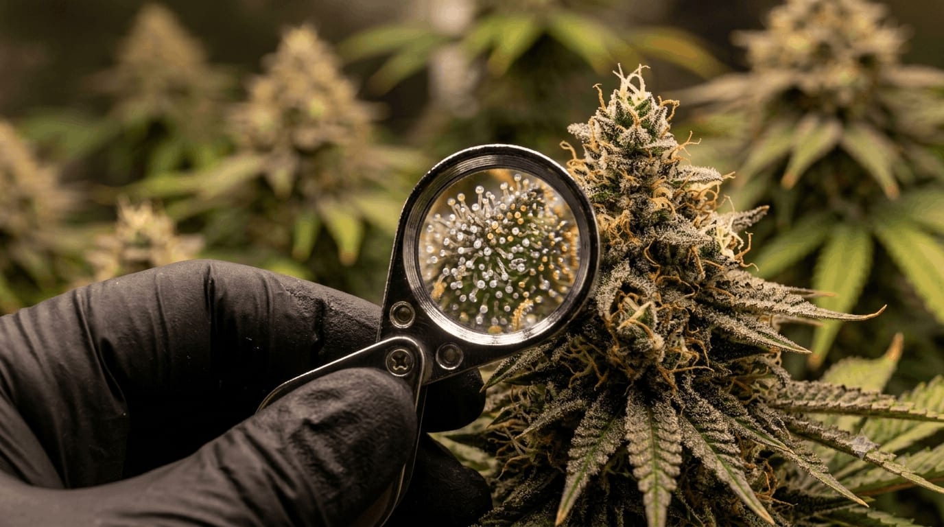 Three cannabis buds side by side showing unripe, ripe and overripe stages