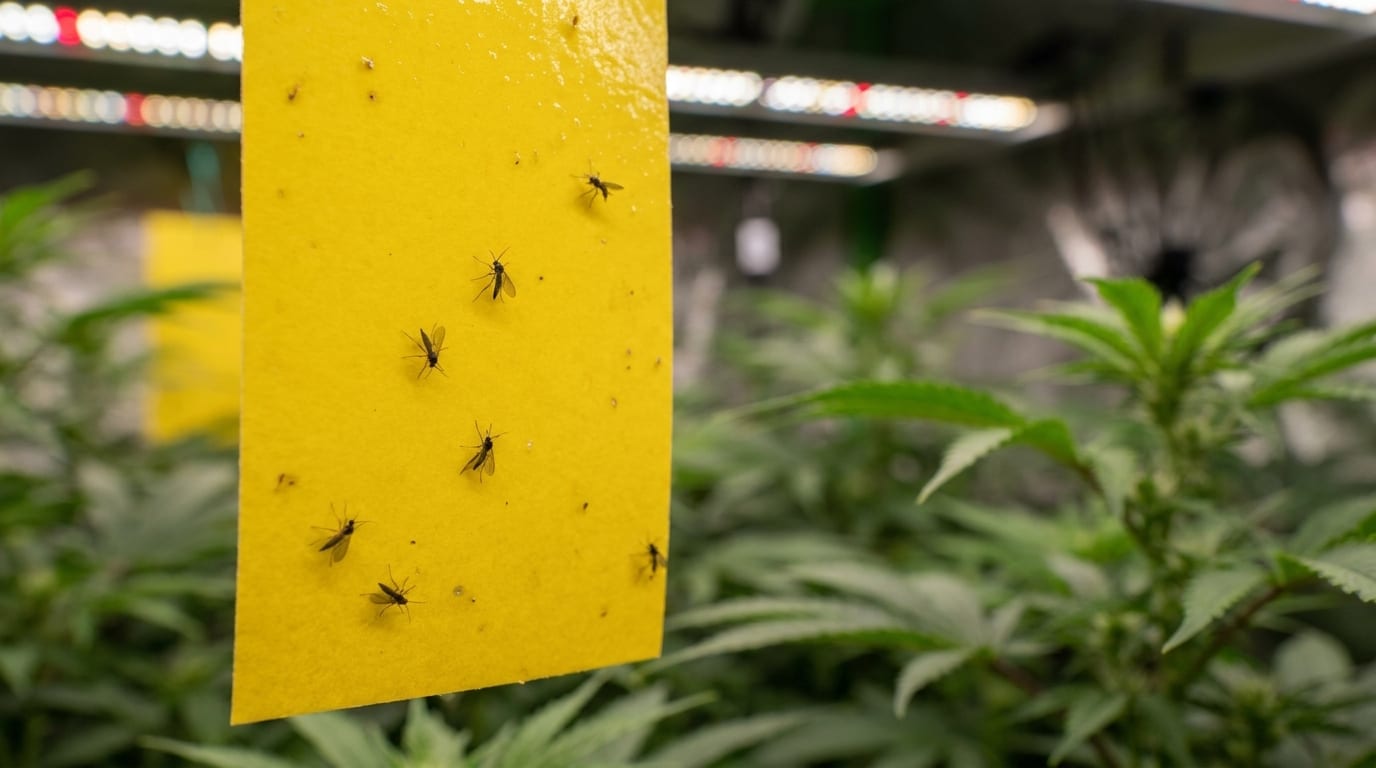 Macro photo of a yellow sticky trap in a cannabis grow tent with several fungus gnats caught on it
