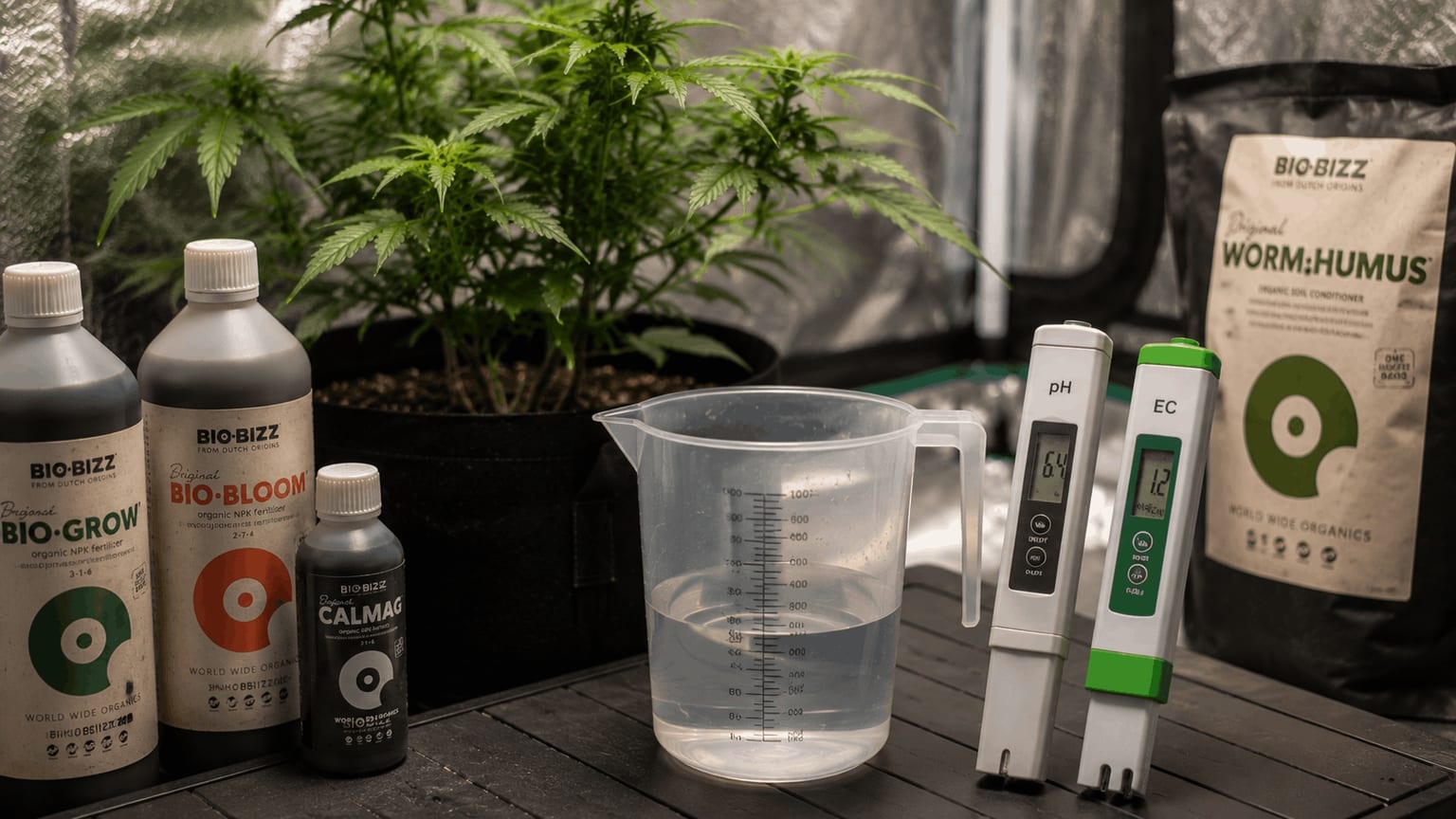 Split image: healthy cannabis plant with strong white roots on the left, yellowing plant with fertilizer bottles on the right