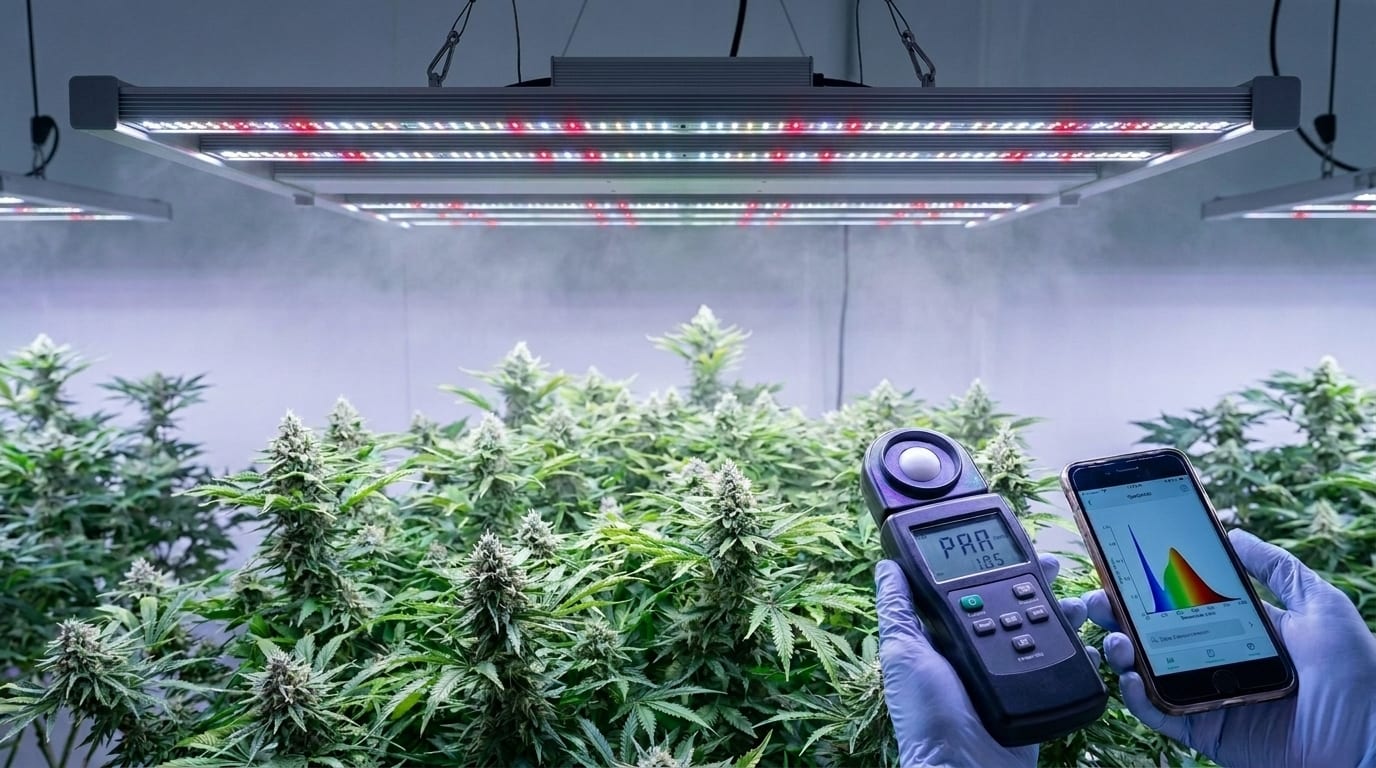 Cannabis plants in flowering stage under a magenta LED grow light with visible light beams