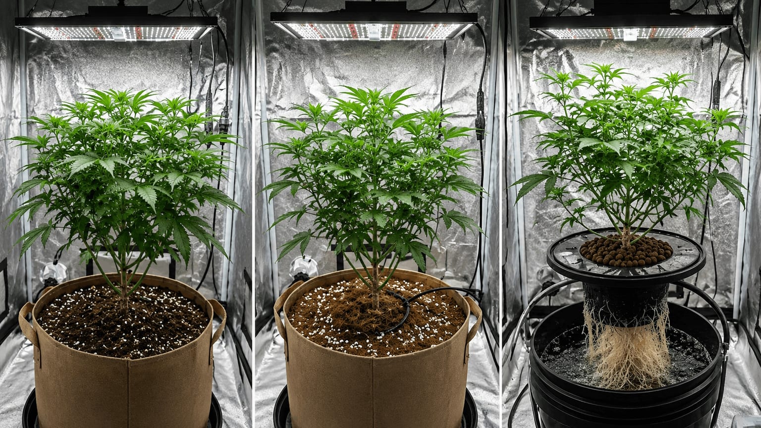 Side-by-side comparison of cannabis plants growing in soil, coco coir and a DWC hydroponic bucket