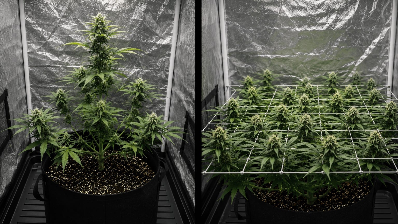 Side-by-side comparison of an untrained tall single-cola cannabis plant and a wide trained bush with many even top colas under LED