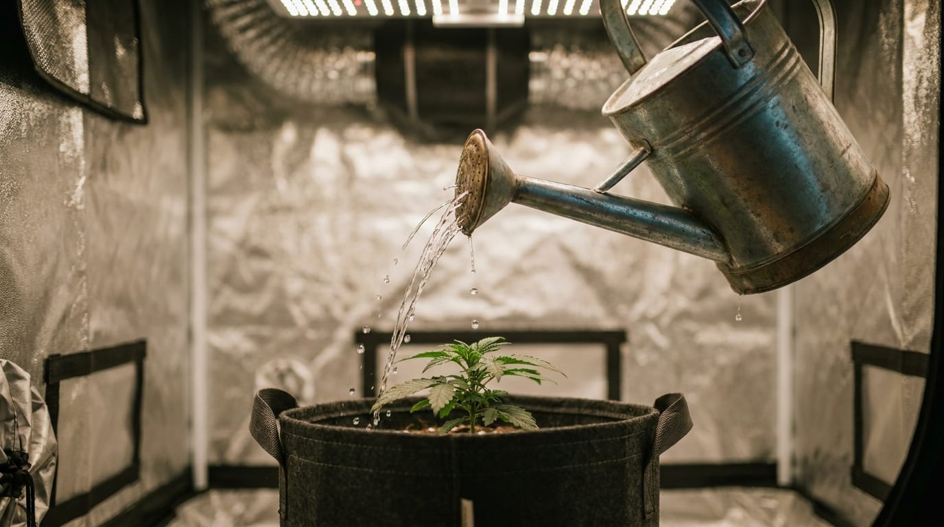 Water being poured from a watering can onto a young cannabis plant in a fabric pot